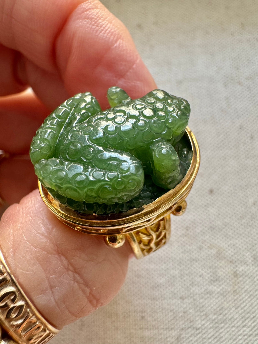 Hand Carved Jade Frog Byzantine Ring From Thailand LelaLea Gems hand-carved-jade-frog-byzantine-ring-from-thailand-lelalea-gems